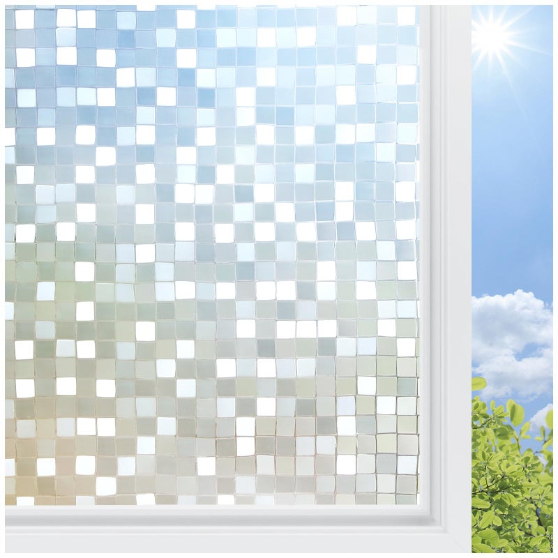 rabbitgoo Window Privacy Film Stained Glass Window Film, 3D Square Mosaic Decorative Static Cling Glass, Removable Vinyl UV Blocking Stickers for Home, 35.4 x 78.7 inches - Image 1